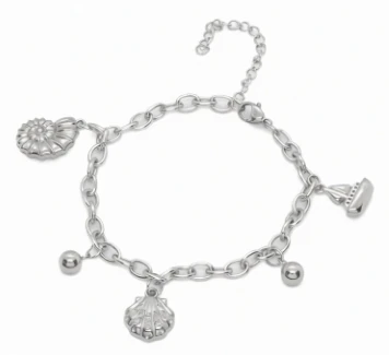 Pulsera tobillera de acero quirurgico eslabon tiff dijes tematica playa y mar macisos, caracol,ostra